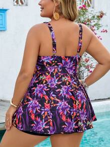 Damen Große Größen einfacher Chic Urlaub 2-teiliger Tankini Badeanzug, Blume Muster geraffte Tankini-Top und Slip Bademode Set