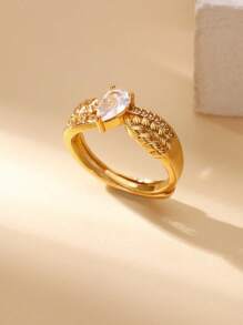1 PC Zirconia Water Drop Leaf Ring For Women Gold Color Open Ring 2025 New Fashion Wedding Couple Jewelry Gift