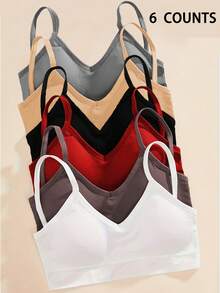 6pcs Women's Detachable Padded Bra, Solid Color Comfortable Casual Bra, Backless Lingerie - Multicolor - View 1