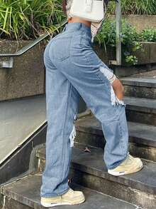 Jeans de cintura media corta vintage Y2K, jeans rectos con bolsillos laterales, con efecto desgastado y dobladillo deshilachado, adecuados para vacaciones y primavera - Azul claro - Ver 2