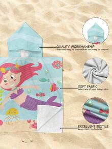 1pc Super Soft Fiber Kids Mermaid & Seashell Cartoon Print Hooded Cape, Children Beach Towel, Bathroom Essential, Absorbent & Warm, Suitable For Swimming, Beach, Surfing, Multipurpose Bath Robe