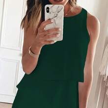 Bộ jumpsuit nữ màu trơn, kiểu dáng thanh lịch, viền bèo nhún, không tay, thích hợp cho mùa xuân, hè, thu và đông. - Màu xanh lá cây đậm - Xem 4