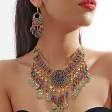 Women's Charming Exotic Palace Retro Mixed Color Versatile Necklace Earrings Jewelry Set, Suitable For Banquet, Evening Party, Travel Outfit Accessories, Gift