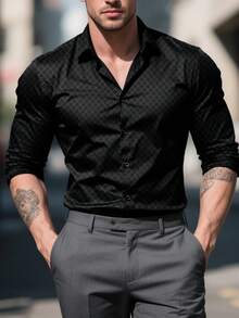 Men's Embossed Diamond Pattern Long Sleeve Formal Shirt, Fall