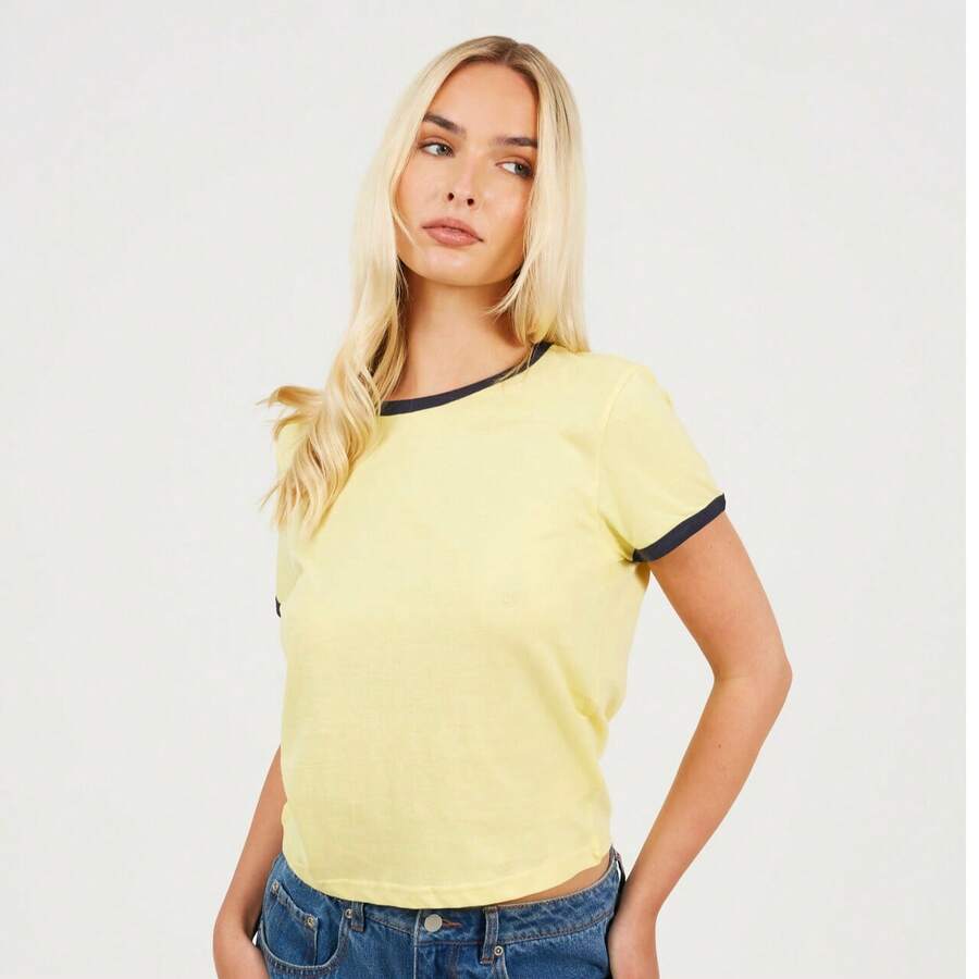 brave soul Short Sleeve Contrast Ringer Tee - Lemon - View 1