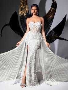 Đầm dạ hội LUVISTRUE Glamorous Goddess đính sequin lấp lánh, sang trọng dành cho nữ, phù hợp cho thảm đỏ, tiệc sinh nhật, dạ hội tốt nghiệp, tiệc gala, dạ hội từ thiện, lễ trao giải, màu trơn, không dây vai, chất liệu lưới, thắt eo, xẻ tà. - trắng - Xem 5