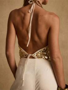 Women Sparkly Sequins Backless Halter Tops Tie-Up Sleeveless Crop Tank Vests Tops Summer Elegant Shirt Blouses For Club Party - 巧克力棕 - 查看 4