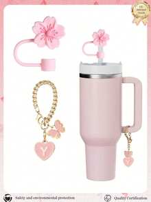 2pcs/Set Cup Accessories - Pink Letter Cup Markers & Silicone Hibiscus Flower Straw Lids, Reusable 10mm Diameter Straws With Cute Letter/Butterfly Decorations For Modern Minimalist Glass Cups, Back To School Supplies