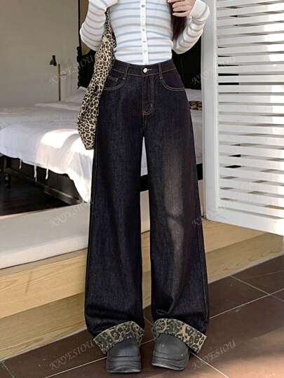 Vintage Black Leopard Print Wide Leg High Waist Loose Contrast Color Straight Leg Jeans