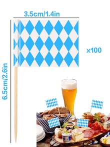 100个慕尼黑啤酒节纸质蛋糕装饰插牌，巴伐利亚国旗牙签，适用于慕尼黑啤酒节主题派对装饰，格子鸡尾酒签，可用于装饰开胃菜、水果、三明治、汉堡等，派对用品 - 藍白色 - 查看 4