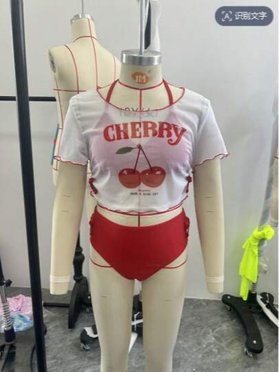 Bộ 3 đồ bơi in họa tiết quả anh đào cho bé gái, bộ bikini kèm áo choàng, dễ thương cho bãi biển/mùa hè