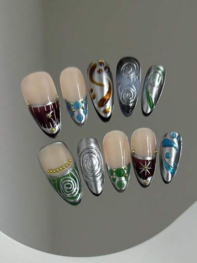 10pcs Dark Mysterious Blue-Green Pattern Punk Sweet Cool Handmade Acrylic Press On Nails, Metallic Texture Summer Nails Long Almond Fake Nails, Full Coverage French Tip Nails With Jelly Glue And Nail File, DIY Nail Art Supplies