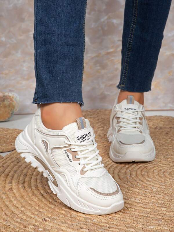 1 paire de baskets épaisses respirantes et décontractées, chaussures de sport à la mode en maille, chaussures d'entraînement confortables