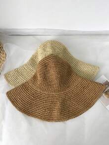 1pc Plain Crochet Big Brim Of A Hat Foldable Straw Hat With Adjustable Strap, Ideal For SpringAutumn Travel, Beach Vacation, Sun Protection, Y2K Style, Youthful Cowboy Hat - Round Straw Hat - View 5