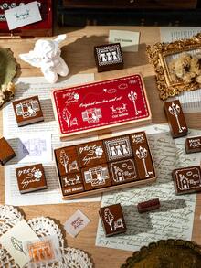 9 Pieces In Vintage Wooden Combination Stamp Set, Creative French Blessing Phrases - Assembled Stamps From Trees, Houses, Street Lamps, Pet Motifs, Suitable For Handbook DIY Photo Album Diary Decoration, Nice And Exquisite Gifts