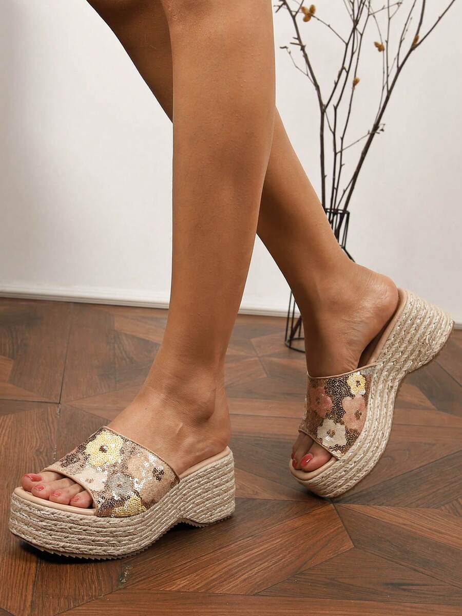 Women's Casual Comfortable Platform Wedge Rope Summer Slide Sandals - Gold - View 1