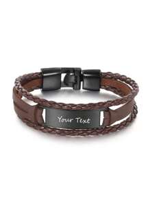 Personalized Men's Leather Carved Bracelet, Customizable Text, Minimalist Layered Woven Bangle, Birthday Gift, Father's Day, Wedding, Christmas Present For Him, Dad, Boyfriend