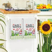 2 pièces Serviettes de toilette main gnome pastèque d'été, Serviette de cuisine rafraîchissante, Torchon, Gant de toilette, Serviette décorative pour les fêtes, Tissu doux et absorbant pour le séchage, Décoration de cuisine, Décoration de table à manger, Fournitures de cuisine, Décoration d'intérieur