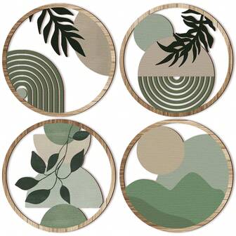 4 Pcs Boho Green Wall Art Wooden Bohemian Wood Plant Wall Sign Decor Hanging Art Plaque Sign Decor,Farmhouse Geometric Hanging Decor Aesthetic Wood Minimalist Art For Apartment (Bedroomself-Adhesive)