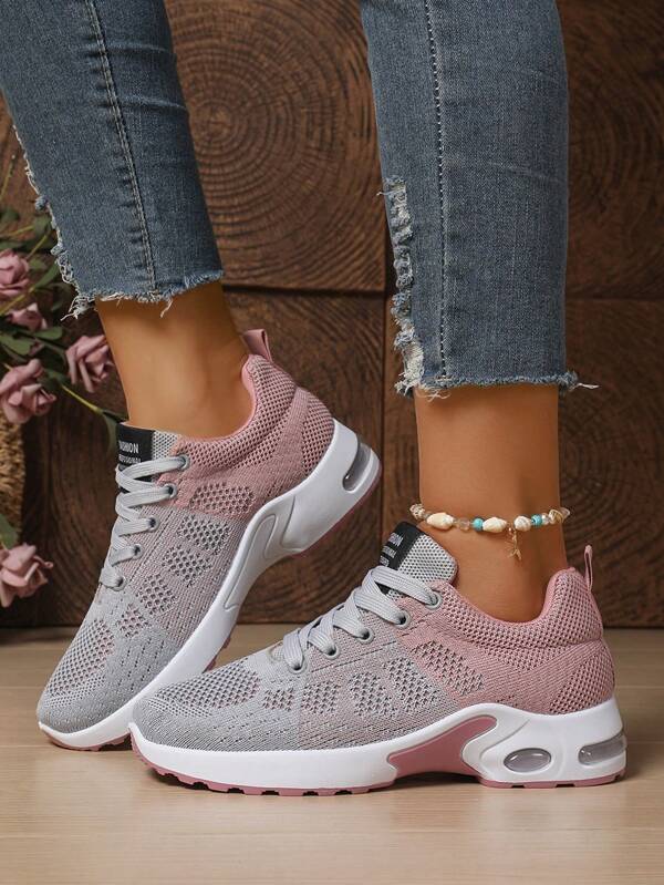 1 Paar rosa luftgepolsterte, atmungsaktive Damen Sportschuhe, rutschfeste flache Low-Tops, zweifarbige Laufsohle, hochwertige Mesh-Strick-Oberfläche, geeignet für den ganzen Tag, Laufen, Wandern, Fitness, Lässig