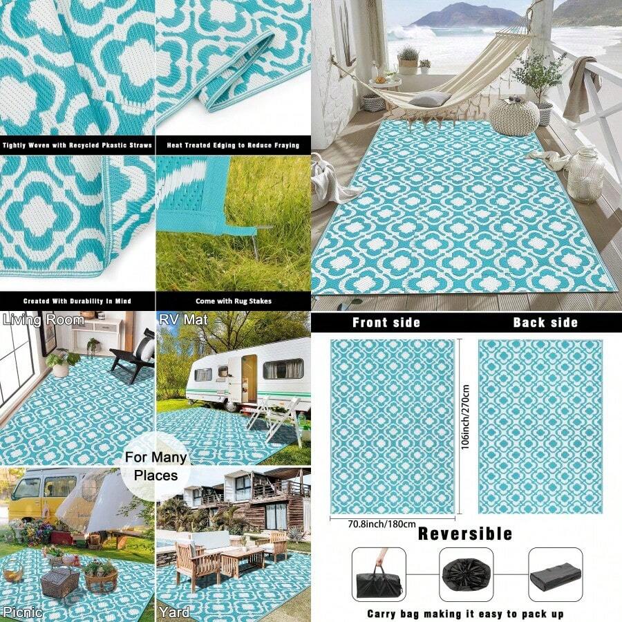SHACOS Large Outdoor Picnic Blanket 180 X 270 Cm Reversible Mat Plastic UV Resistant RV Camping Garden Lightweight Outdoor Rug For Patio Beach Balcony Deck BBQ Blue White - as pic - View 1