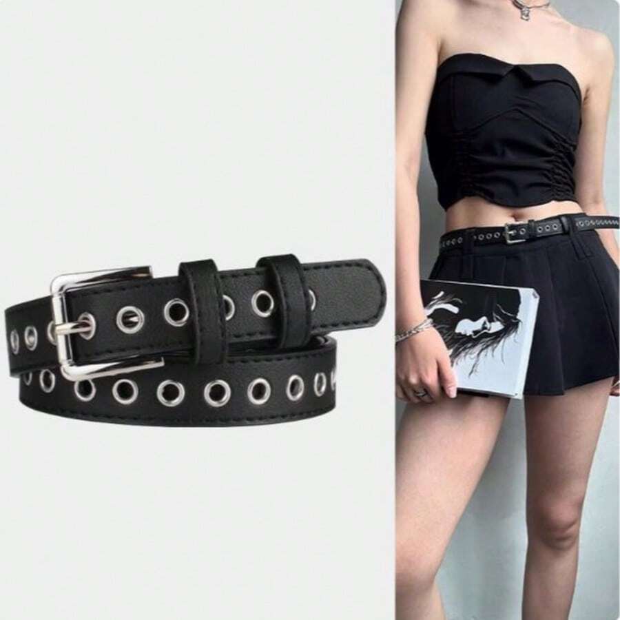 1 pieza Cinturón de mujer de unicolor, estilo punk, de piel de PU, con diseño calado, moda versátil de estilo callejero, adecuado para todas las estaciones, otoño, Halloween