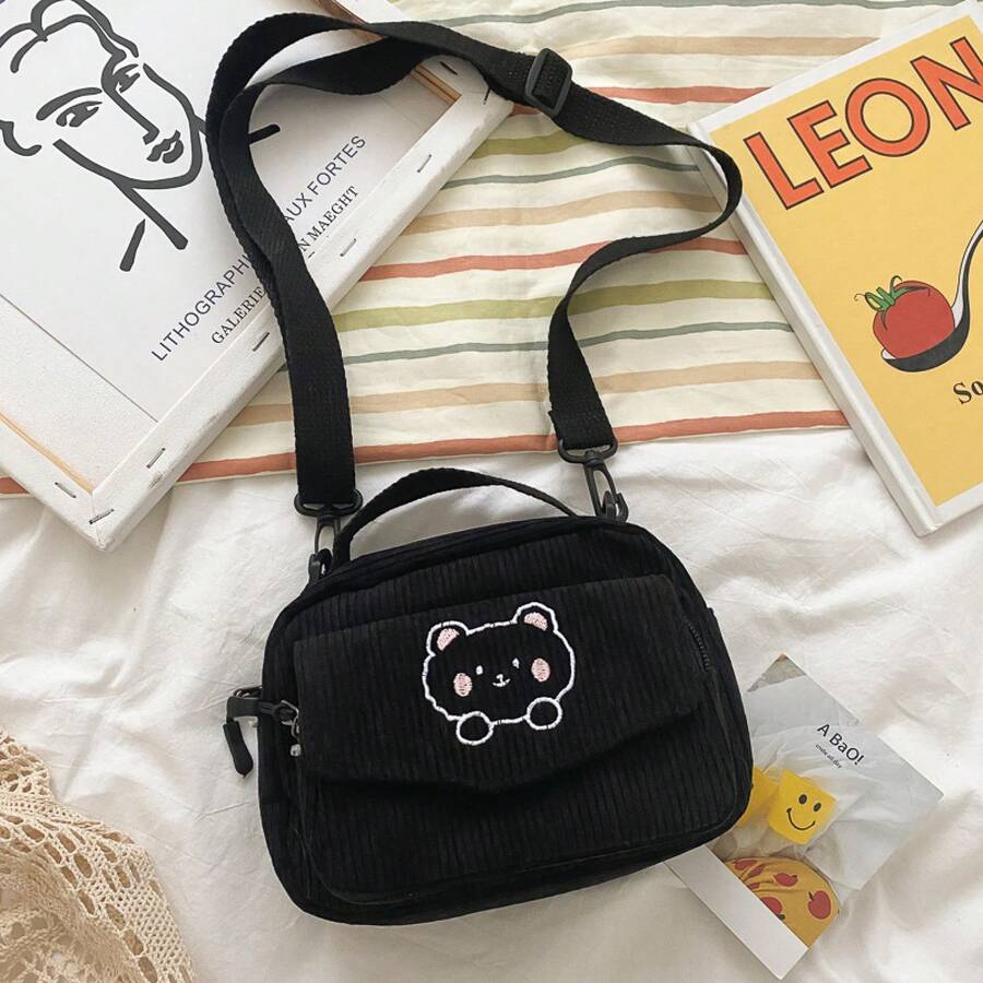 Bolso cruzado de hombro para teléfono móvil con diseño adorable de oso suave, estilo japonés vintage para estudiantes y niñas, bolso pequeño cuadrado - Negro - Ver 1