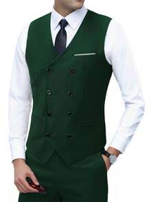 Men's Fashion 3 PiecesSuit Set, Includes Slim-Fit Blazer, Double-Breasted Vest, Pants, Business/Formal Attire For Work & Occasions - Green - View 4