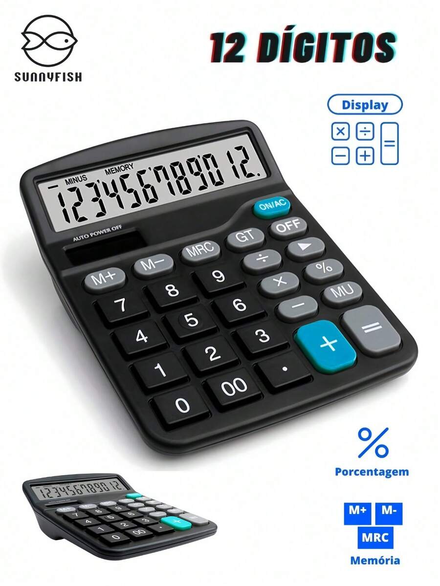 12 Digit Desktop Calculator With Large LCD Display, Office Calculator, Dual Power (Black, Pink And Blue) - Black - View 1