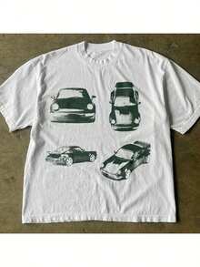 Car Print Crew Neck T-Shirt, Y2K Short Sleeve T-Shirt Spring Summer - 白色 - 查看 1