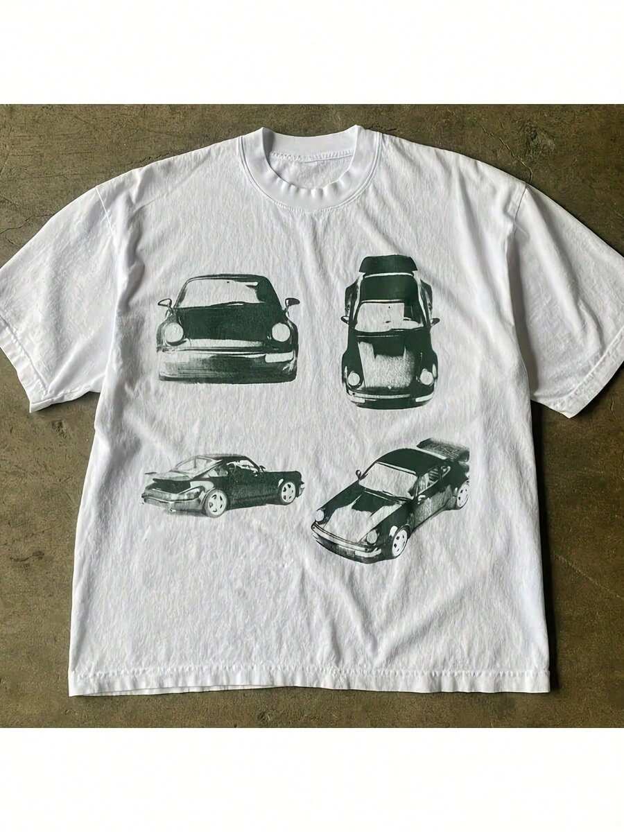 Car Print Crew Neck T-Shirt, Y2K Short Sleeve T-Shirt Spring Summer - 白色 - 查看 1