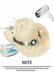 1pc Zirconia Chain Decor Breathable Hollow Out Cowboy Hat, Unisex Fashion Personalized Summer Sun Hat, Suitable For Beach, Vacation, Daily Wear