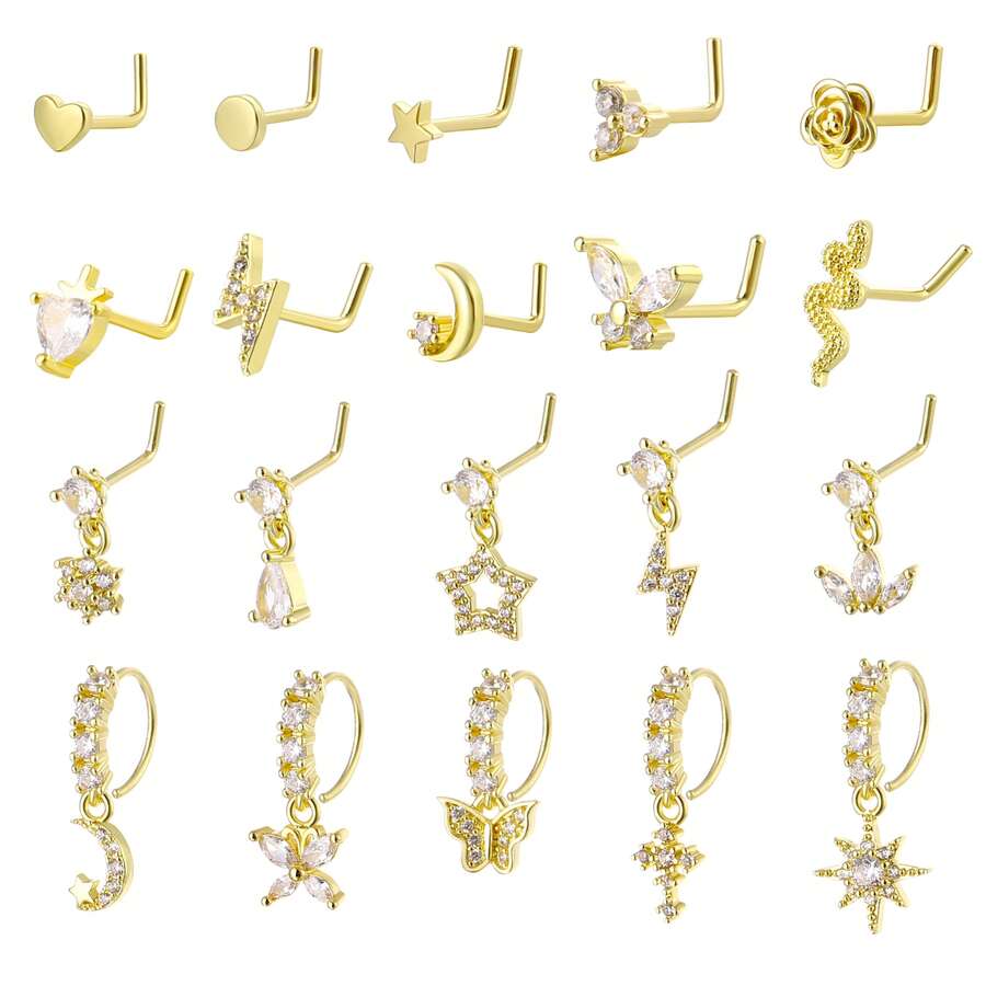 20Pcs 20G Dangle Nose Ring L Shaped Dangling Nose Stud For Women Stainless Steel Nose Ring Studs CZ Flower Dangle Nose Rings Hoops Nose Piercing Jewelry - Yellow Gold - View 1