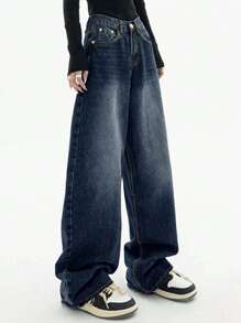 Jeans vaqueros de pierna ancha y lavados casual para mujer