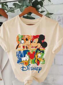 Disney Women's New Round Neck Short Sleeved Summer, Casual Cartoon Pattern Printed Round Neck T-Shirt, Sweet And Gentle Temperament, Slim And Comfortable Summer Tops, Suitable For Daily Casual Wear, Graphic Tees Women,Summer Outfits For Women