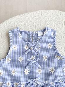 2pcs/Set Girls Summer Daisy Print Blue Plaid Top And Pants Set - Blue - View 5