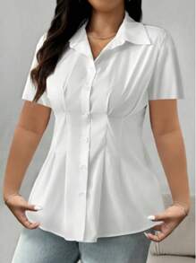 Plus Size Elegant Solid Color Short Sleeve Button Down Shirt - Casual Weekend Top, Collared, Non-Stretch Fabric, Suitable For All Seasons, Casual Outfit | Elegant Shirt | Fashionable Button Shirt