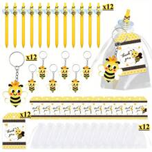 مجموعة 12 طقم/ 48 قطعة لحفلات موضوع النحلة، تشمل 12 بريق مفاتيح على شكل نحلة، 12 علامة هدية، 12 قلم، و 12 كيس هدية - مثالية لموضوع النحل، أعياد الميلاد المتعلقة بالنحل، احتفالات تقدير الفريق / الموظف، الحفلات، الفصول، يوم النحل العالمي