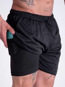 2 In 1 Bermuda Shorts With Hidden Cell Phone Pocket - Gym - 燧石 - 查看 1
