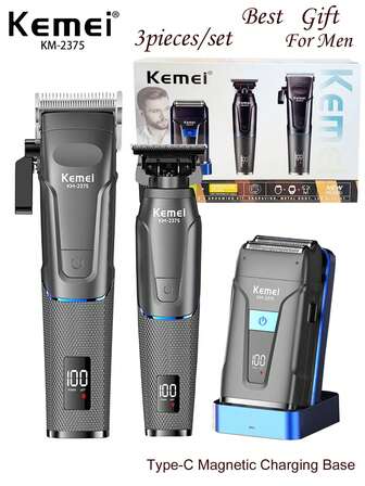 Kemei New 3pieces/Set Professional Hair Clipper USB Electric Hair Trimmer For Men's Care Grooming Set Shaver Rechargeable Beard Trimming Sculpting Clipper Men Daily Care Set For Home Use Business Men Xmas Gift Near Year Gift For Men KM-2375