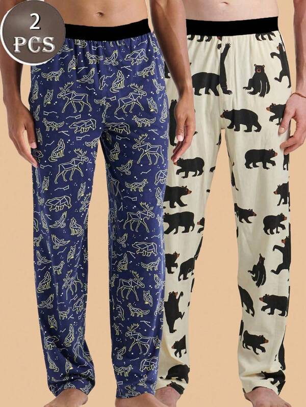 2pcs Men's Thin Animal Print Pajama Pants, Casual & Comfortable Home Wear