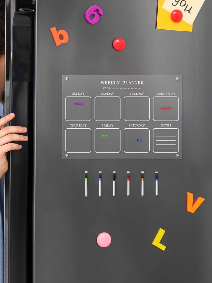 1 Set Magnetic Transparent Acrylic Weekly Planner Whiteboard, Erasable Magnetic Fridge Sticker (Includes 6 Random Color Whiteboard Markers) - White - View 1