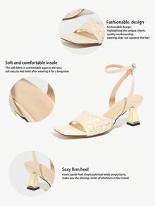 New Stylish High-End Wedding Heels For Women, Spring/Summer Fashion Square Toe 3D Hollow Mesh Platform Sandals, Hawaiian Floral Cutout Soft Comfortable Sexy Slides, Suitable For Outdoor Party, Nightclub, Fashion Show, Casual, Apricot Color - Apricot - View 7