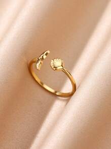 1Pc Dainty Sea Shell Fishtail Ring For Women, Shell Ring, Whale Tail Ring, 18K Gold-Plated Stainless Steel Open Adjustable Ring, Summer Beach Vacation Style Jewelry Fashion Accessories