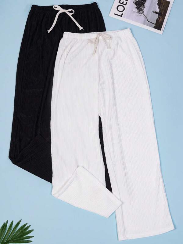 2pcs Solid Color Faux Drawstring Elegant Casual Women Long Knit Lounge Pants, Spring, Summer, Autumn ,Vacation