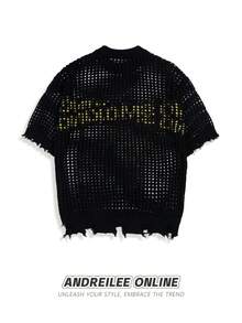 Herren lässiges, weites Pullover-Top mit Hohlbuchstaben-Muster, rundem Ausschnitt und Kurzarm, sportlicher College-Stil, Frühling/Sommer, Emo