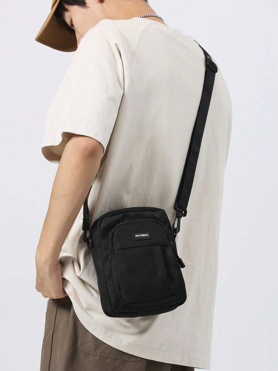 1Pc Solid Color Nylon Men's Crossbody Bag Shoulder Bag Zipper Phone Bag Storage Bag Portable Lightweight Zipper Closure Suitable For Men, College Students, Boyfriends, Husbands And Other Daily Outdoor Use, Ideal Mobile Phone Change Storage Bag For Travel Holidays Activities, Entertainment Vacation Dates And Other Occasions - Black - View 1