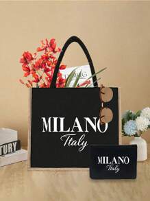 Linen Tote Bags And Small Bags With "Milano" White Letter Print, Coin Purse And Tote Bag Combination, Personalized Gift Packaging, Large Capacity Portable Casual Storage Handbags, Supermarket Shopping Bags. Multifunctional Portable Teacher Handbags, Holiday Shoulder Bags, Suitable For Daily Commuting, Business Trips, Beach Vacations, Can Be Given As Gifts To Friends, Family, Birthday Gifts, Mother's Day Gifts, Teacher's Day Gifts.