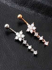 1pc Clover Dual Zirconia Flower Navel Ring, Titanium Alloy Hollow Ball Belly Button Piercing With 3A Zirconia - Silver - View 8