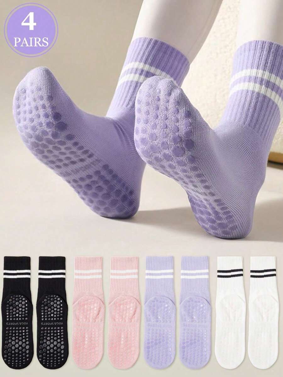 4 Pairs Women's Silicone Anti-Slip Striped Yoga Fitness Sports Crew Socks, Black, White, Pink, Purple, Autumn/Winter - Multicolor - View 1